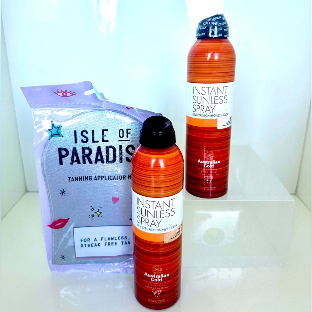 New Australian Gold Instant Sunless Spray 2 Bottles & 1 Applicator Mitt